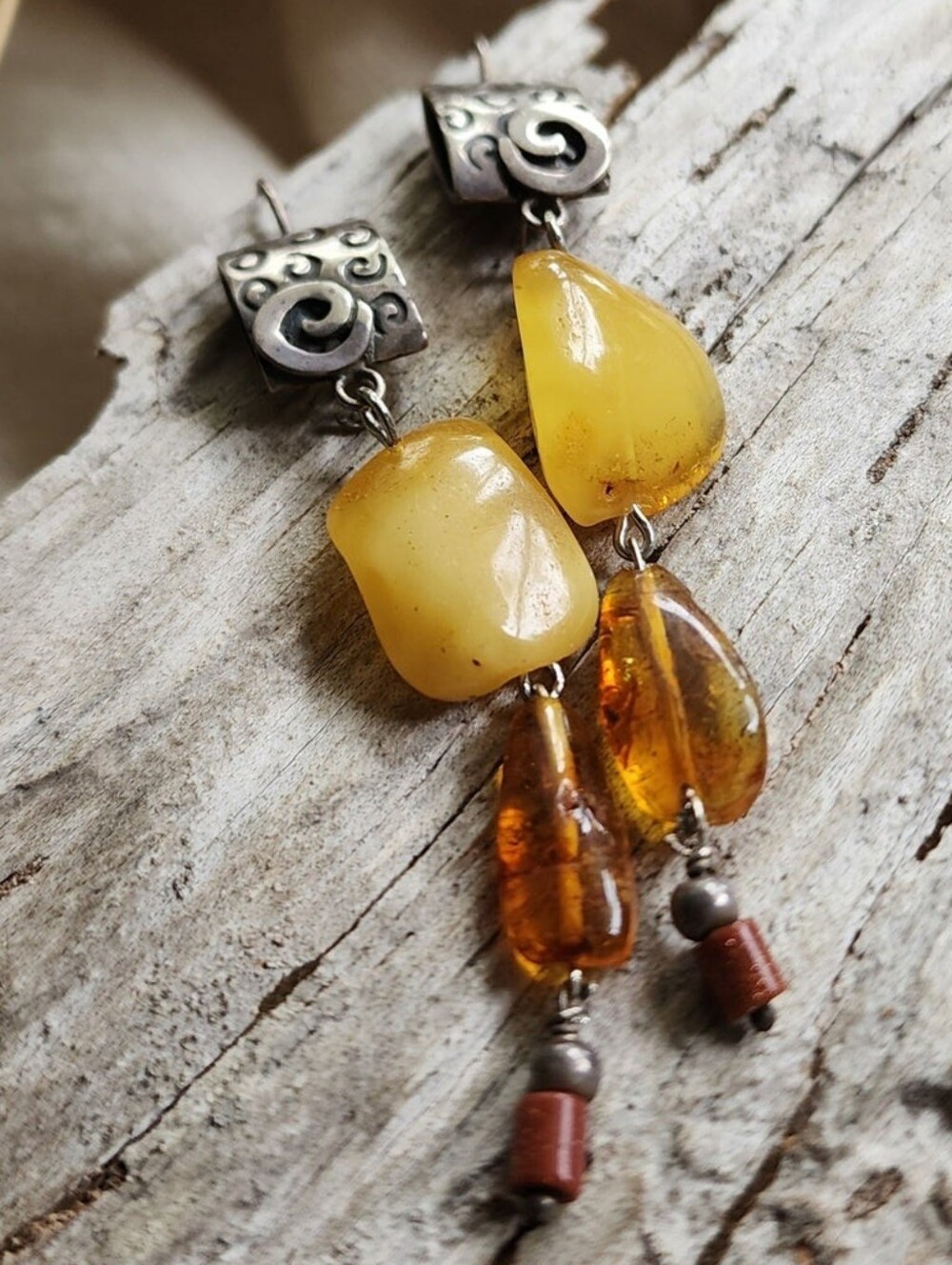 Amber Stone Earrings Designer Jewelry Hypoallergenic 925 Silver Raw Amber